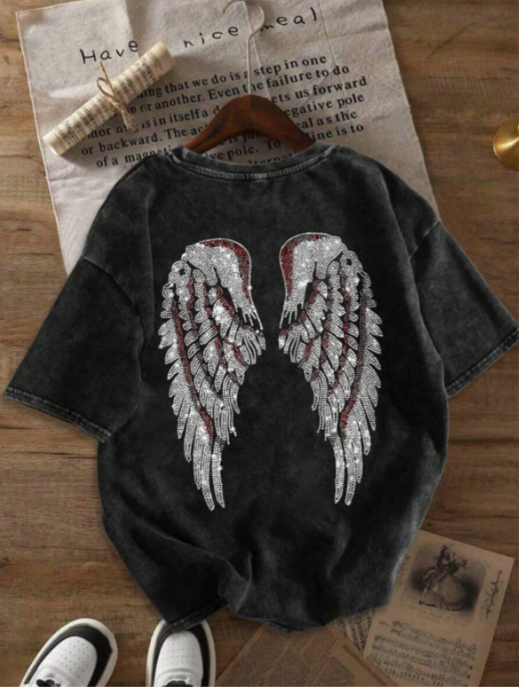 Summer Women's Fun Print Hip-Hop Wings Personalized Pattern Print Street, Clothing Women's Clothing, Short-Sleeved Washed Women's T-Shirt